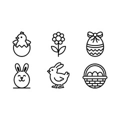 Easter Icons: Simple and charming line art icons representing the Easter season. Featuring a collection of delightful elements such as a chick hatching, floral, decorated egg, rabbit.