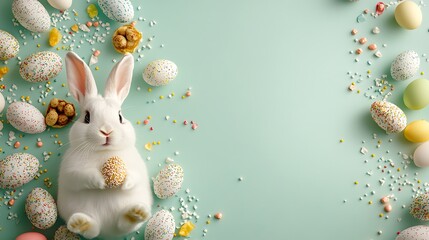 Bunny with colorful decorated eggs and candy scattered around for Easter celebration picture