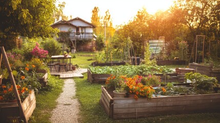 Obraz premium Beautiful home garden with vegetables and flowers in the sunset light