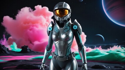 Fototapeta premium Futuristic Explorer Avatar with Robotic Enhancements in Otherworldly Landscape.