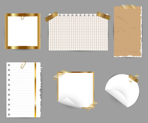 Realistic Set of Notes on Grey Background with Tape, Pins and Paper Clips, Illustration