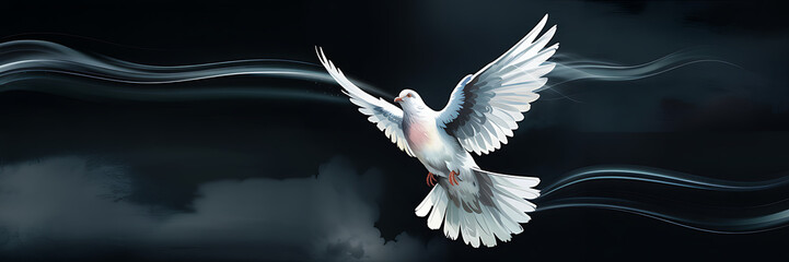 Fototapeta premium White Dove in Flight, Dark Abstract Background