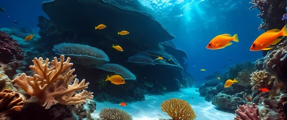 Fototapeta premium Sunlit coral formations teeming with neon fish beneath crystal clear warm tropical ocean waves