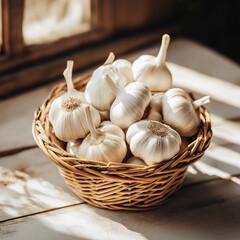 Garlic in a Wicker Basket on a Table