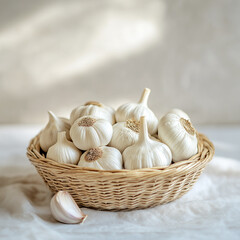 Fresh Garlic Bulbs in a Wicker Basket in the Kitchen