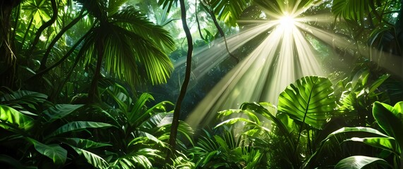 Sunlight brightening lush tropical jungle canopy bathed in vibrant green foliage and filtered beams