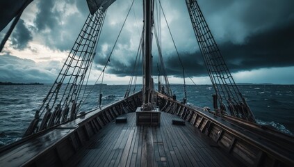 Fototapeta premium Ancient Sailing Vessel Braving a Stormy Sea
