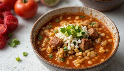 Bowl of spicy pozole soup with hominy, pork, and garnishes on a clean white background.