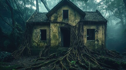 Enigmatic Abandoned House Overgrown by Roots in Misty Forest