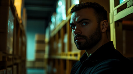 Obraz premium Man in a Dimly Lit Storage Area