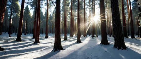 Snow dusted pine forest glistening under bright sunlight with vibrant evergreen needles glowing with early morning frost