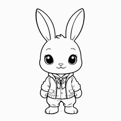 Adorable cartoon bunny rabbit wearing cute jacket outfit fun line kids baby white black
