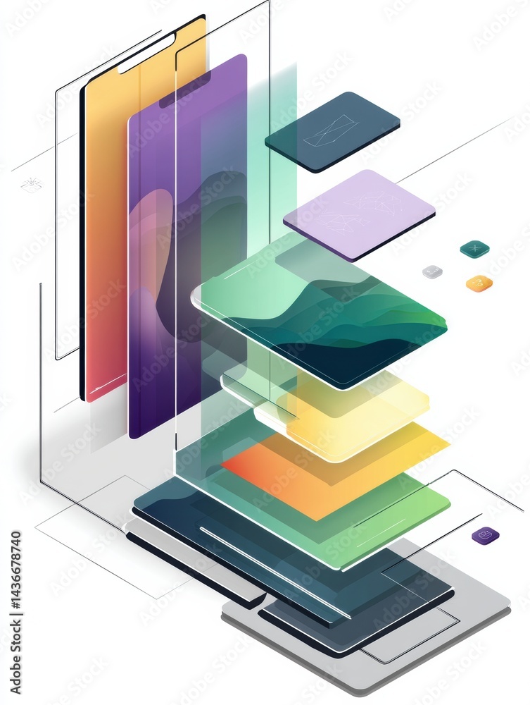 Poster Isometric Smartphone Mockup Showcasing Layered User Interface Designs With Vibrant Colors and Clean Lines for Modern Apps and Digital Products