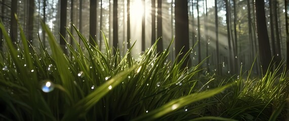 Shimmering fresh water droplets dangling from slender grass blades with soft sunlit forest backdrop