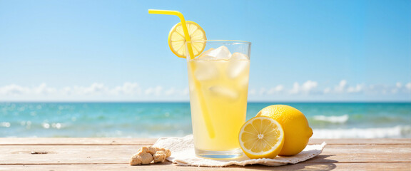 Refreshing lemonade on wooden table by the beach, summer indulgence