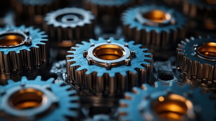 Close-up of interlocking metal gears with blue and gold tones.