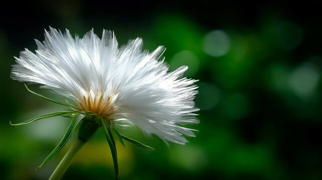 Detailed macro photograph of a white Goatsbeard flower with seeds against a blurred green bokeh background in natural daylight