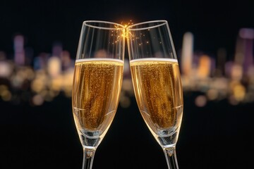 Champagne flutes clink together, sparkling bubbles rise, city sk