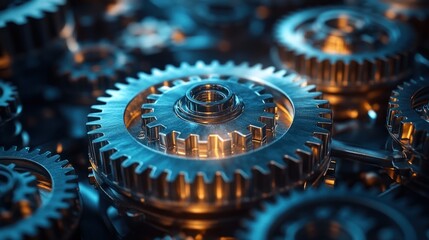 Close-up of interconnected metal gears and cogs with blue and gold lighting.