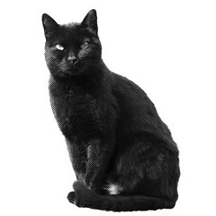 Sitting black cat looking in front halftone clipping for ads, banners design 
