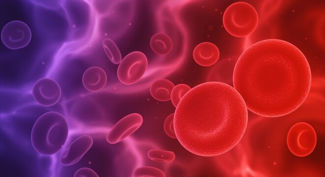 Close-up view of red blood cells surrounded by a vivid, abstract background of purple and red colors, creating a vibrant and dynamic atmosphere