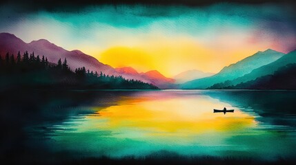 Fototapeta premium Serene Sunset Landscape Solitary Figure in a Canoe on a Calm Lake Surrounded by Majestic Mountains at Dusk