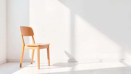 Single wooden chair in sunlight against white wall, minimalistic design