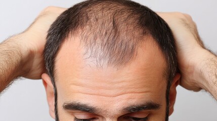 Fototapeta premium Close-up, man with hands on head, showing thinning hair, concerned expression.