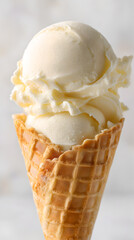 Creamy vanilla ice cream served in a freshly baked cone on a warm sunny day