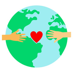 Hands Around Earth with Heart – Global Unity, Love, Charity, and Earth Day Concept Vector