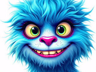 Obraz premium Blue furry monster with big yellow-green eyes, pink nose, and a cheerful smile.