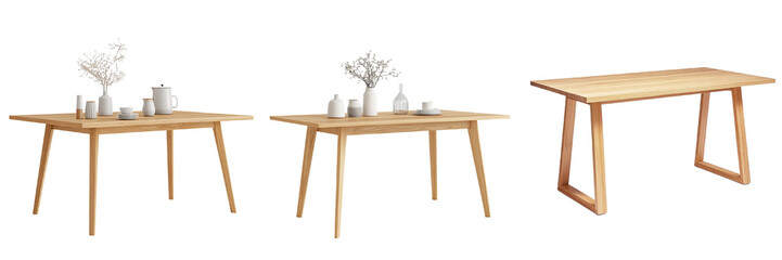 A set of modern wooden dining table with Scandinavian design, clean lines and warm wood tone cut out on white background