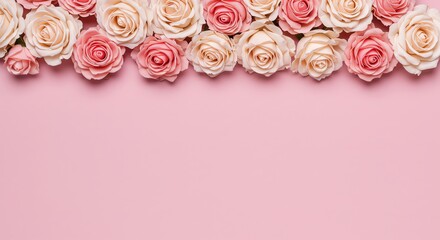 Roses Border on Pink Background Top View Floral Arrangement