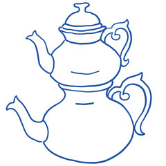 Hand-drawn Turkish traditional double teapot illustration in blue color. Part of big Mediterranean collection. Perfect for wedding, product, party, event design