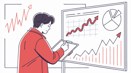 Stock Market Analyst Reviewing Charts Vector Art on White Background