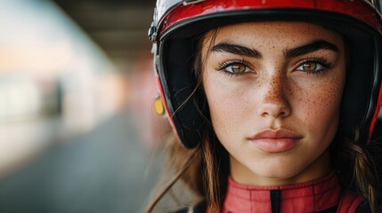 Focused Race Car Young Pretty Woman Driver in Red Preparing for a Championship