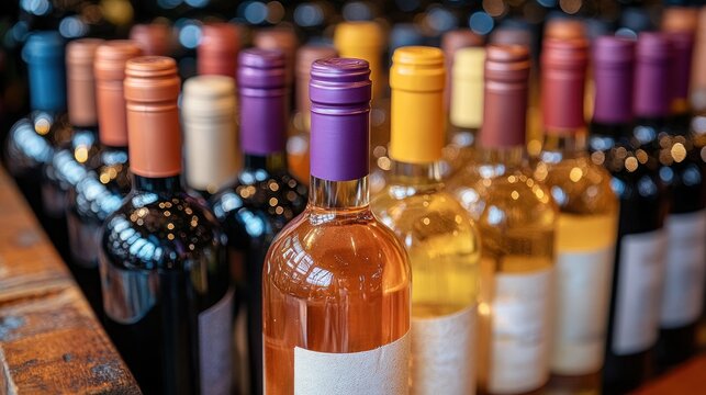 Many wine bottles with colorful caps are displayed on a shelf. - Powered by Adobe