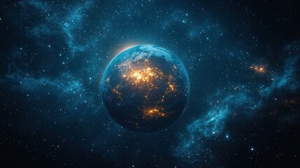 Obraz premium A glowing planet surrounded by nebula and stars in a dark space scene.