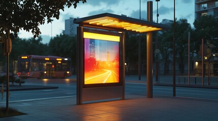 A city bus stop ad mockup featuring LED lighting.
 