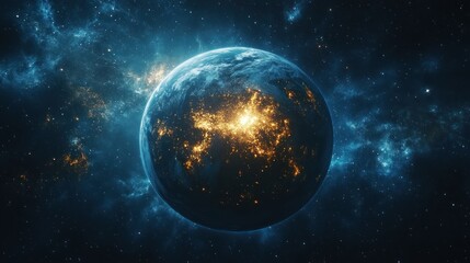 Obraz premium Planet earth with glowing lights in space against a nebula background.