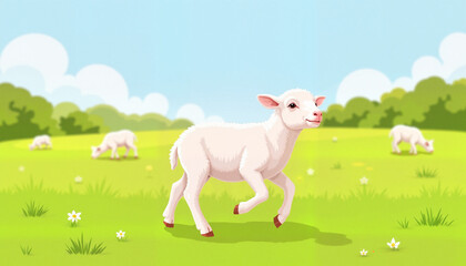 Fototapeta premium Frolicking lamb in a vibrant field during midday, Spring Equinox