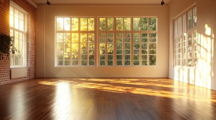 Sunlit Empty Room with Hardwood Floor and Large Windows