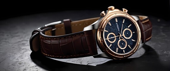 Product photo luxury leather watch strap curled elegantly on textured dark concrete pedestal with soft light