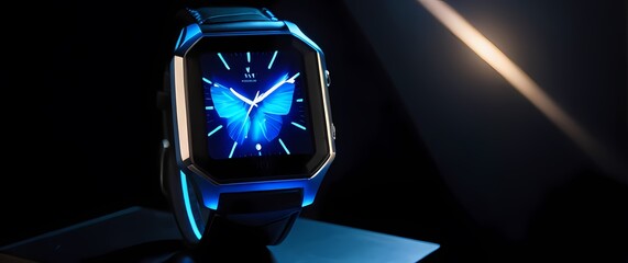 Premium smartwatch positioned on black hexagonal block with electric blue light beams shining behind