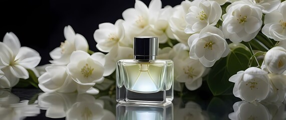 Premium glass perfume vial on floating acrylic stand surrounded by fragrant white flowers and soft silk