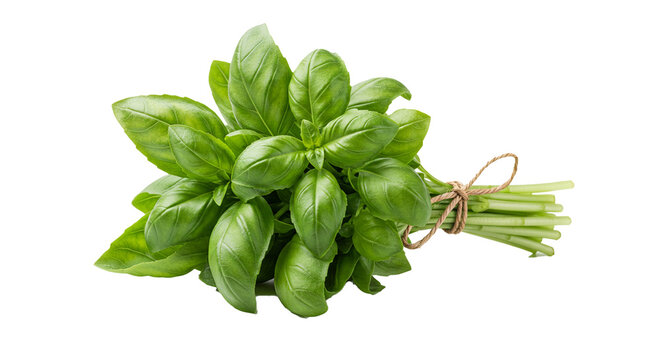 Fresh basil herb bunch, tied elegantly with natural twine, showcasing vibrant green leaves on black.