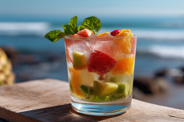 Refreshing fruit cocktail in a glass, showcasing vibrant colors against a stunning beach backdrop in a sunny afternoon