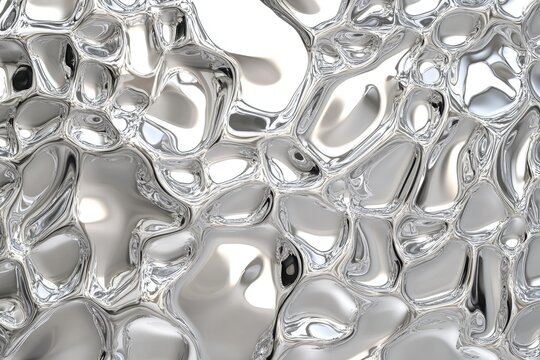 Abstract metallic liquid texture.  A dynamic, flowing pattern of reflective, silver-toned shapes creates a visually compelling abstract design