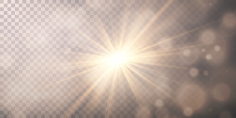 Sun Light Burst with Soft Glow, Radiant Golden Rays, and Bokeh on Transparent Background, Ideal for Celebration, Nature, or Holiday Designs and Web Projects. Vector Illustration