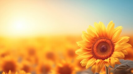 Fototapeta premium Vibrant Single Sunflower in a Golden Field at Sunset Warm Hues Bright Yellow Petals Summer Bloom Nature Photography